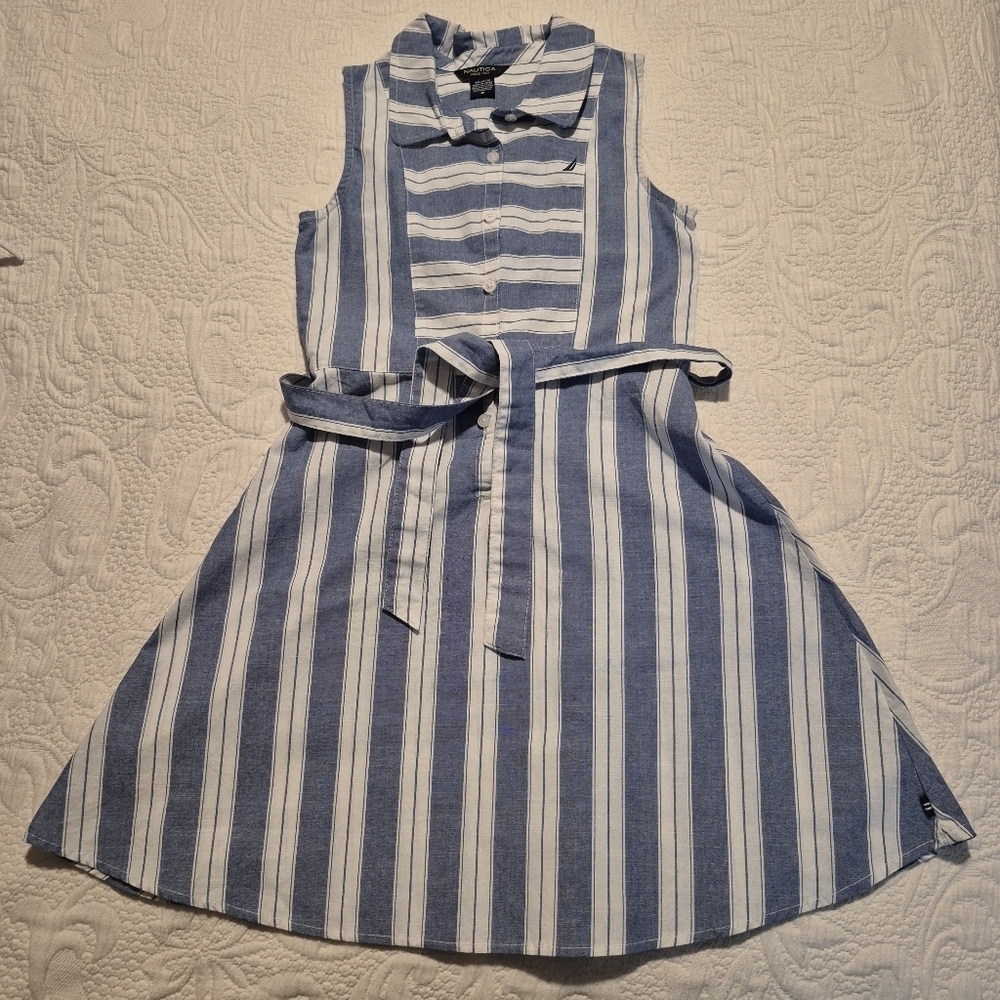 Nautica girls size 8 dress blue and white striped with matching fabric belt EUC